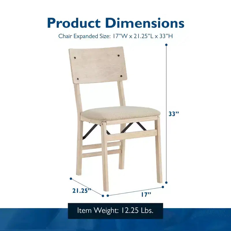 Lot de 2 chaises de salle à manger pliantes en bois massif de qualité supérieure à dossier incurvé avec siège rembourré en tissu, non fini