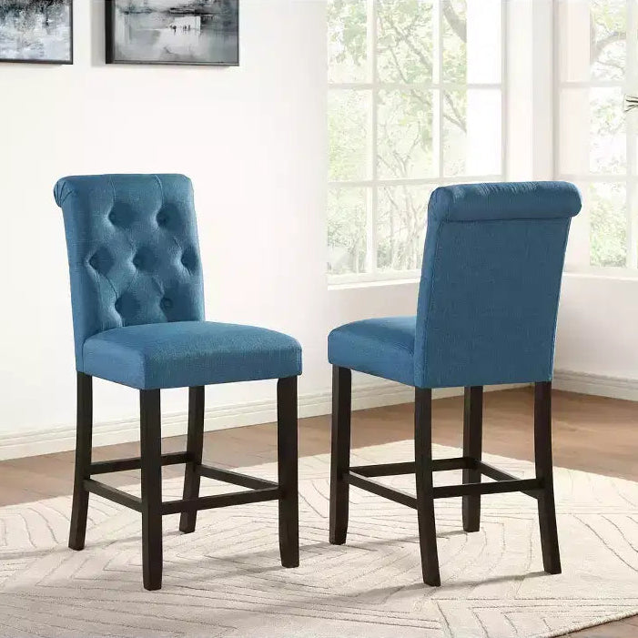 Roundhill Furniture Leviton Solid Wood Tufted Asons Counter Height Stool, Blue, Set of 2