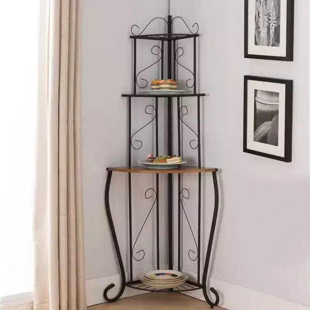 Kings Brand Furniture Adom 4-Tier Kitchen Storage Corner Bakers Rack with Walnut Wood Finish Shelf, Black