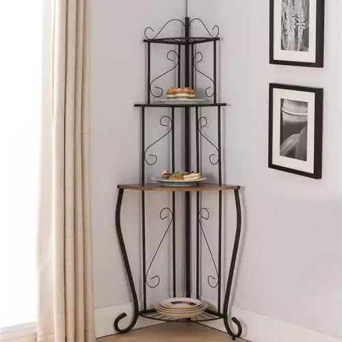 Kings Brand Furniture Adom 4-Tier Kitchen Storage Corner Bakers Rack with Walnut Wood Finish Shelf, Black