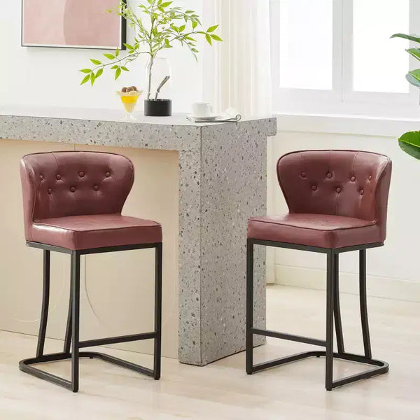 HYLEORY Counter Height Bar Stools 24'' Bar Stools Set of 2 Leather Bar Chairs Modern Upholered Barstools with Back for Kitchen Counter,Black