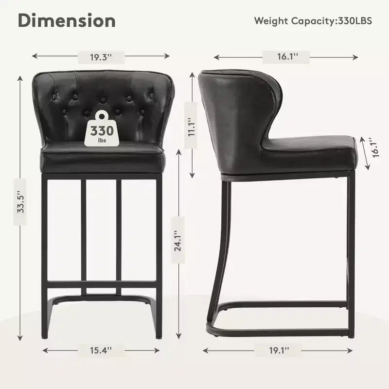 Lot de 2 tabourets de bar hauteur comptoir, en cuir rembourré avec dossier, noirs, 61 cm