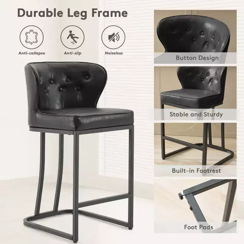 Lot de 2 tabourets de bar hauteur comptoir, en cuir rembourré avec dossier, noirs, 61 cm