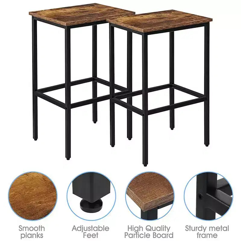 Lot de 2 tabourets de bar rustiques marron sans dossier hauteur comptoir avec cadre en acier