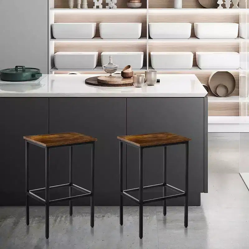 Lot de 2 tabourets de bar rustiques marron sans dossier hauteur comptoir avec cadre en acier