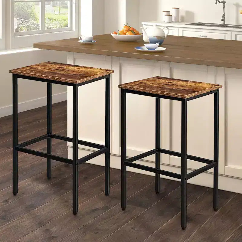 Lot de 2 tabourets de bar rustiques marron sans dossier hauteur comptoir avec cadre en acier