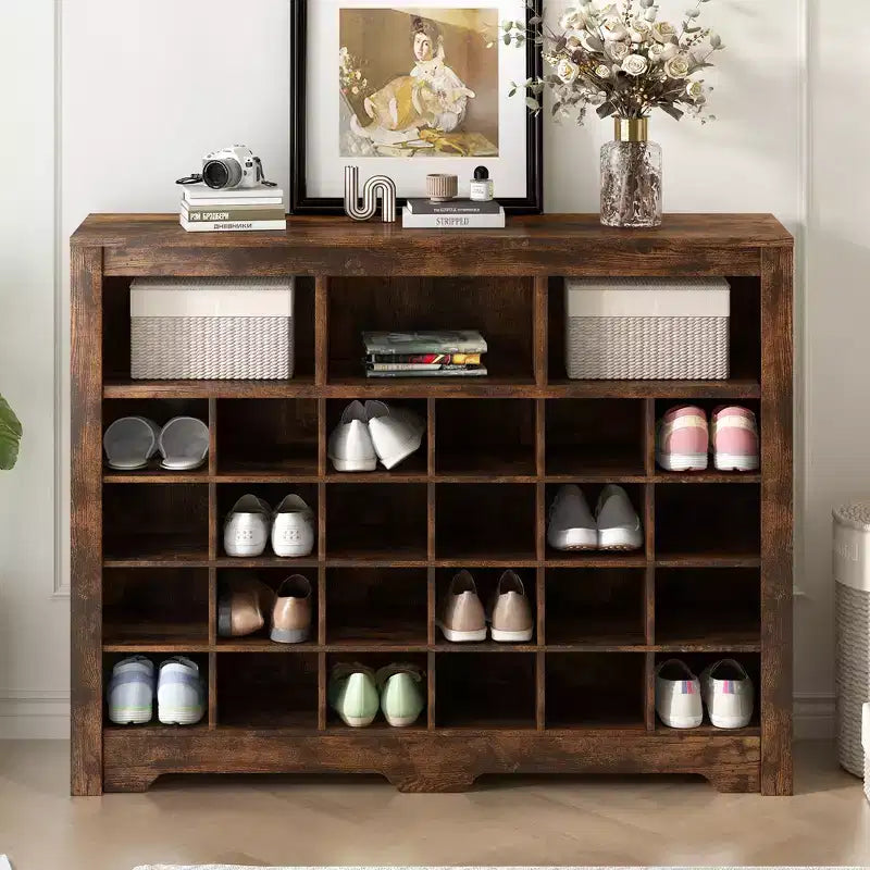 Meuble de rangement rustique pour chaussures d'entrée avec 24 compartiments et base incurvée