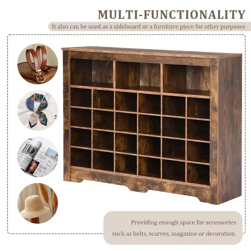Meuble de rangement rustique pour chaussures d'entrée avec 24 compartiments et base incurvée