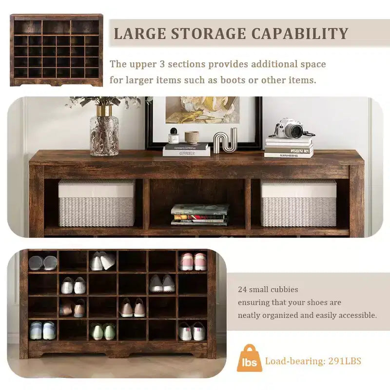 Meuble de rangement rustique pour chaussures d'entrée avec 24 compartiments et base incurvée