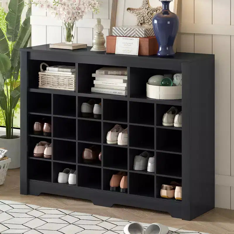 Meuble de rangement rustique pour chaussures d'entrée avec 24 compartiments et base incurvée