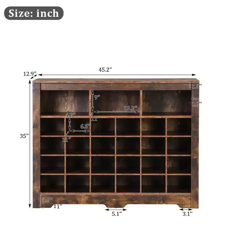 Meuble de rangement rustique pour chaussures d'entrée avec 24 compartiments et base incurvée