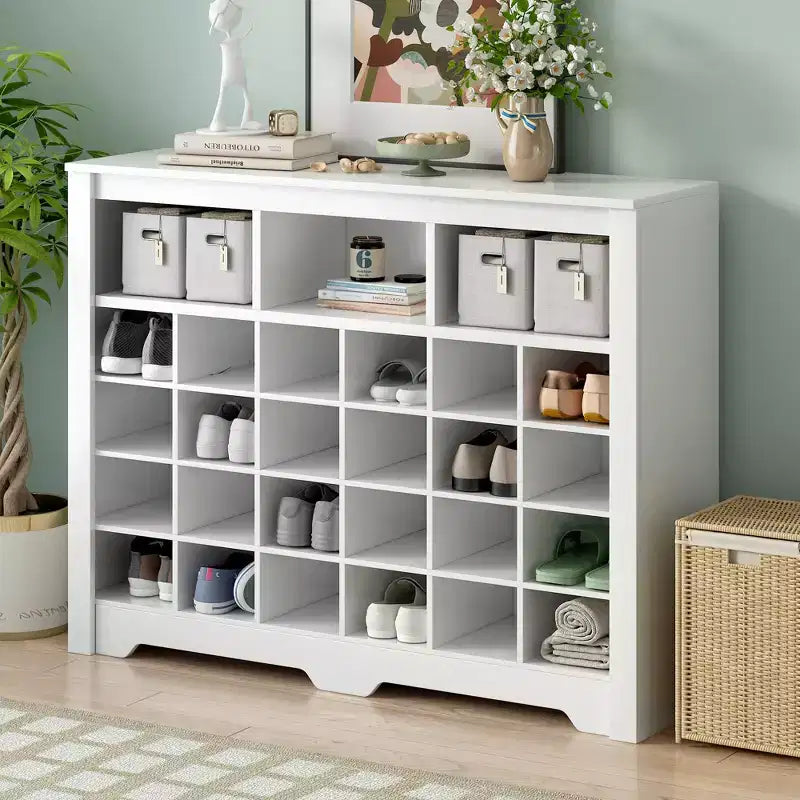 Meuble de rangement rustique pour chaussures d'entrée avec 24 compartiments et base incurvée