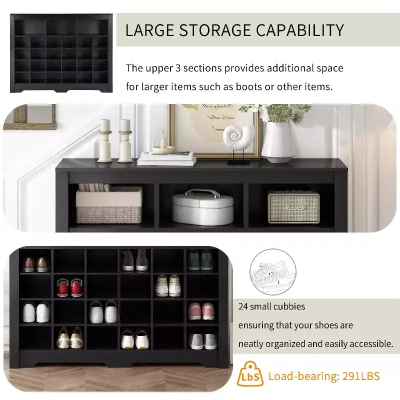 Meuble de rangement rustique pour chaussures d'entrée avec 24 compartiments et base incurvée