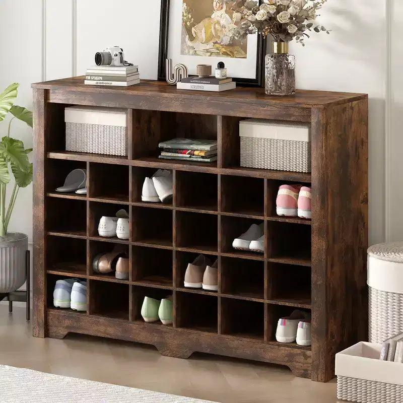 Meuble de rangement rustique pour chaussures d'entrée avec 24 compartiments et base incurvée