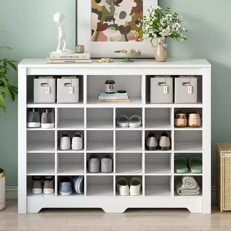 Meuble de rangement rustique pour chaussures d'entrée avec 24 compartiments et base incurvée