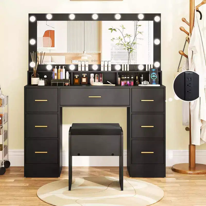 Coiffeuse de Maquillage avec Miroir, Lumières et Station de Recharge, LED 3 Couleurs, Noir/Blanc