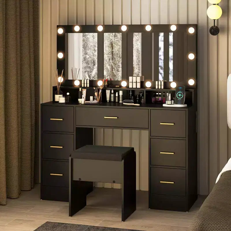 Coiffeuse de Maquillage avec Miroir, Lumières et Station de Recharge, LED 3 Couleurs, Noir/Blanc