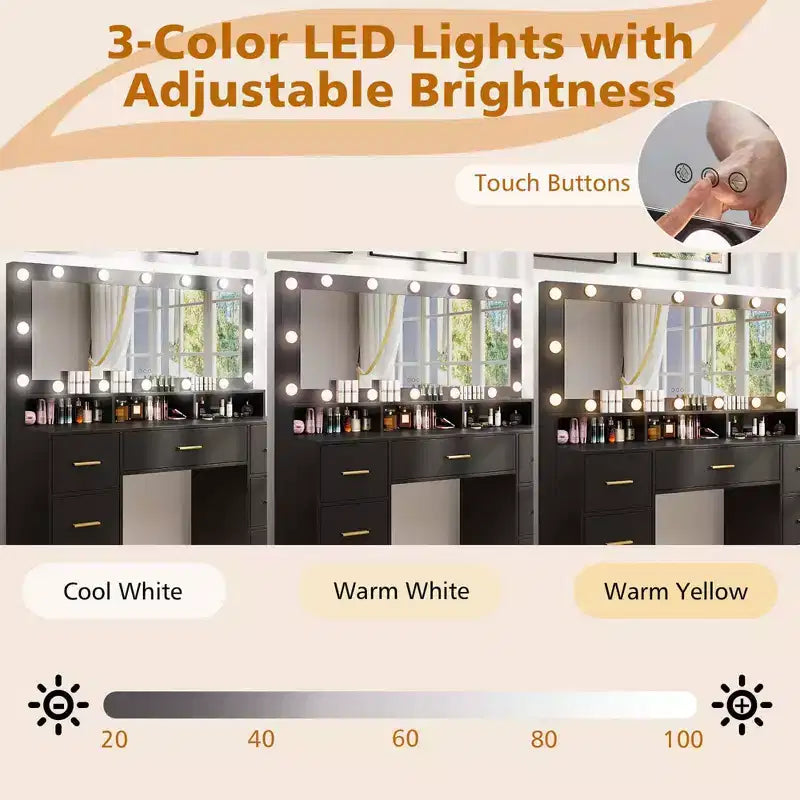 Coiffeuse de Maquillage avec Miroir, Lumières et Station de Recharge, LED 3 Couleurs, Noir/Blanc