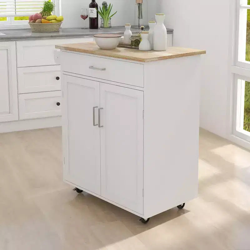 Îlot de cuisine roulant en bois blanc de 83 cm avec porte-serviettes et étagères réglables