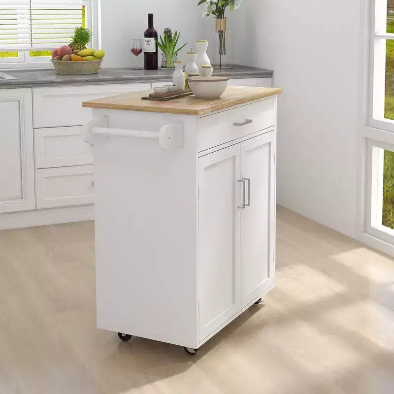 Îlot de cuisine roulant en bois blanc de 83 cm avec porte-serviettes et étagères réglables