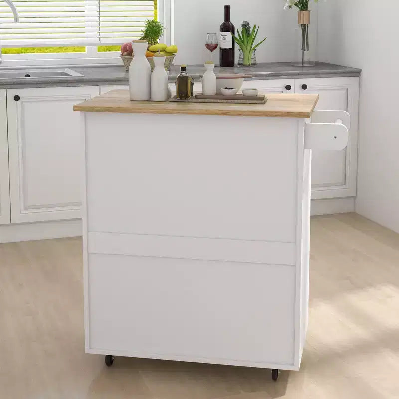 Îlot de cuisine roulant en bois blanc de 83 cm avec porte-serviettes et étagères réglables