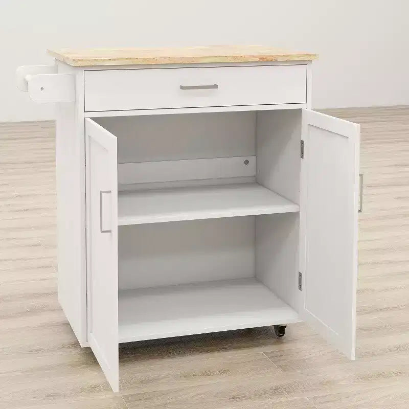 Îlot de cuisine roulant en bois blanc de 83 cm avec porte-serviettes et étagères réglables