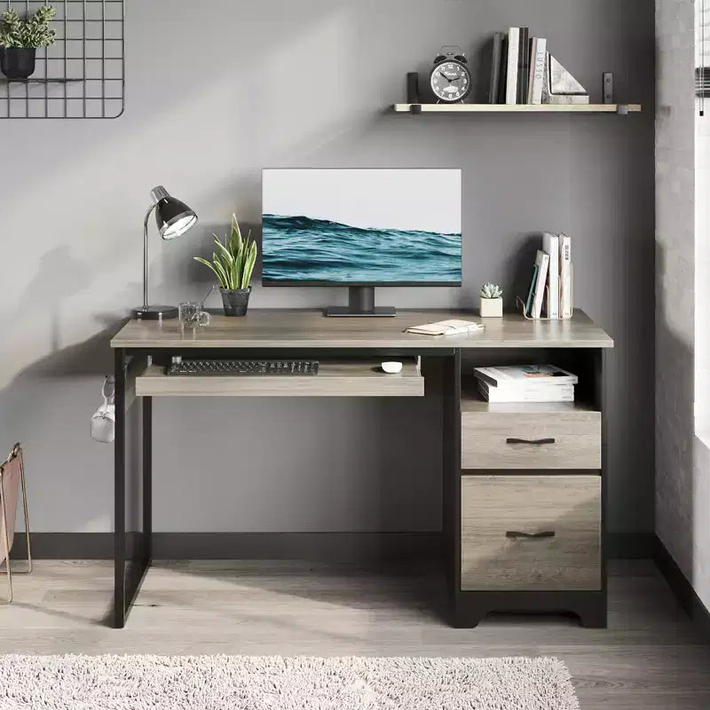 Bureau informatique de 122 cm avec tiroirs de classement et de rangement, tablette coulissante pour clavier et compartiments ouverts