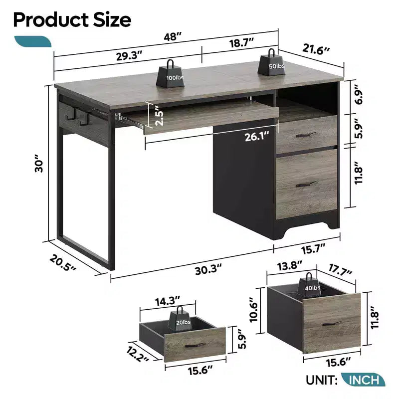 Bureau informatique de 122 cm avec tiroirs de classement et de rangement, tablette coulissante pour clavier et compartiments ouverts