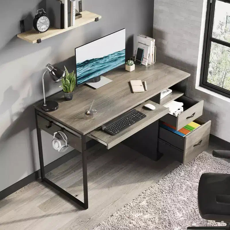 Bureau informatique de 122 cm avec tiroirs de classement et de rangement, tablette coulissante pour clavier et compartiments ouverts