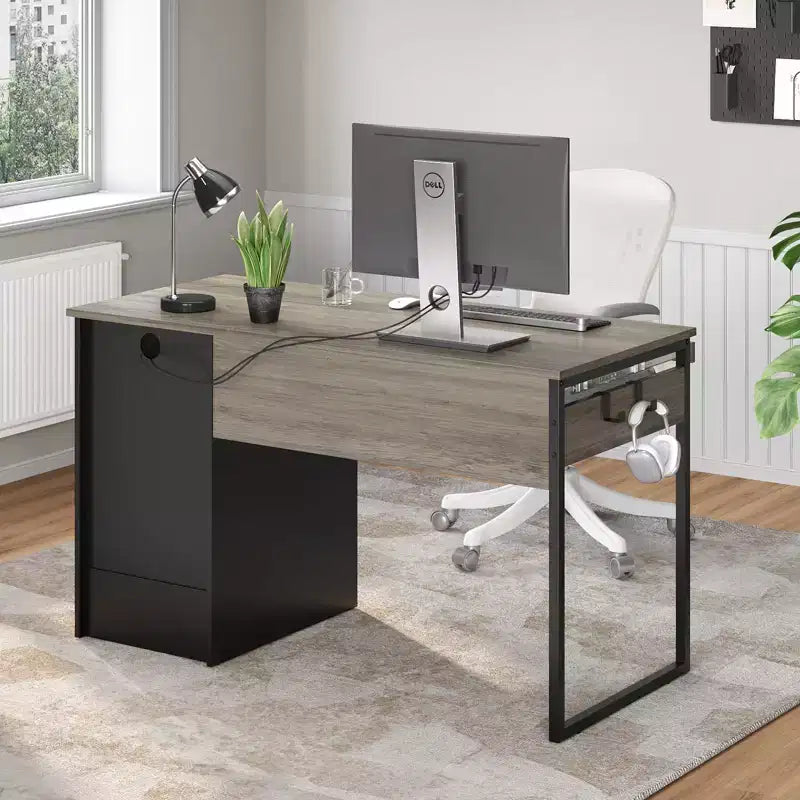 Bureau informatique de 122 cm avec tiroirs de classement et de rangement, tablette coulissante pour clavier et compartiments ouverts