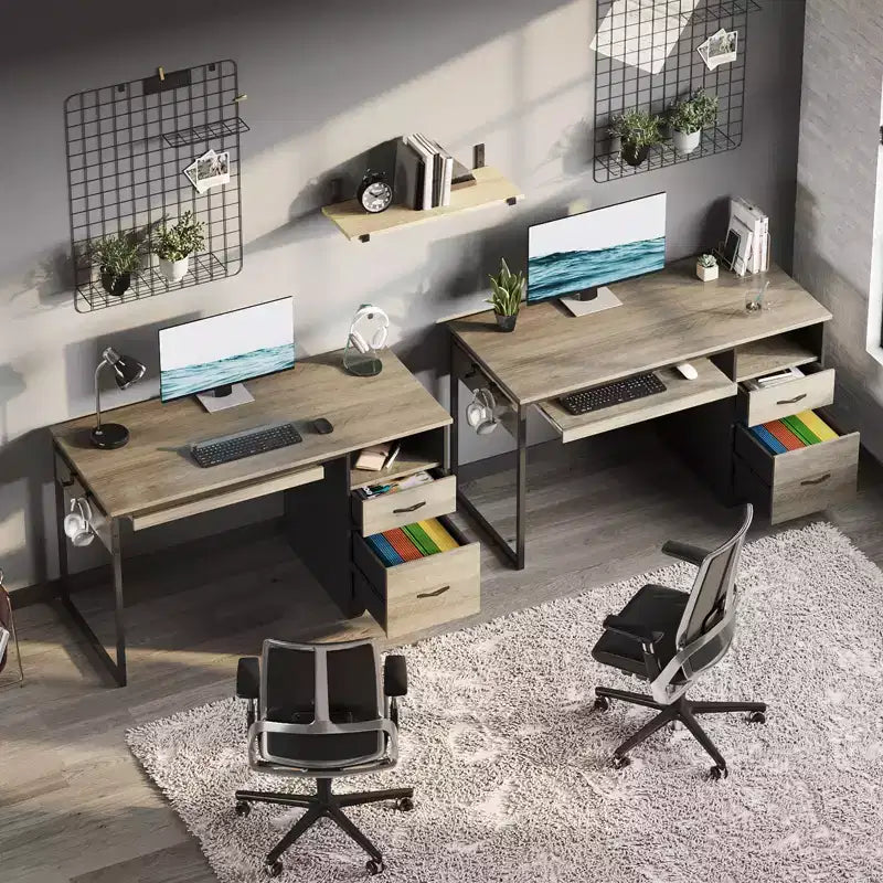 Bureau informatique de 122 cm avec tiroirs de classement et de rangement, tablette coulissante pour clavier et compartiments ouverts