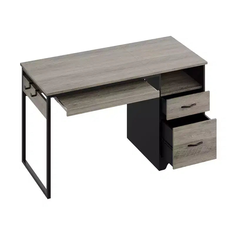 Bureau informatique de 122 cm avec tiroirs de classement et de rangement, tablette coulissante pour clavier et compartiments ouverts
