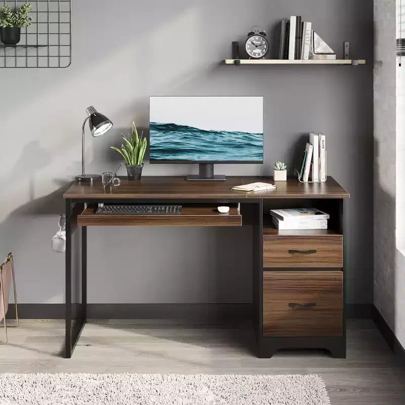 Bureau informatique de 122 cm avec tiroirs de classement et de rangement, tablette coulissante pour clavier et compartiments ouverts