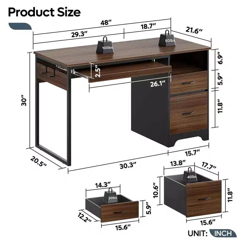 Bureau informatique de 122 cm avec tiroirs de classement et de rangement, tablette coulissante pour clavier et compartiments ouverts