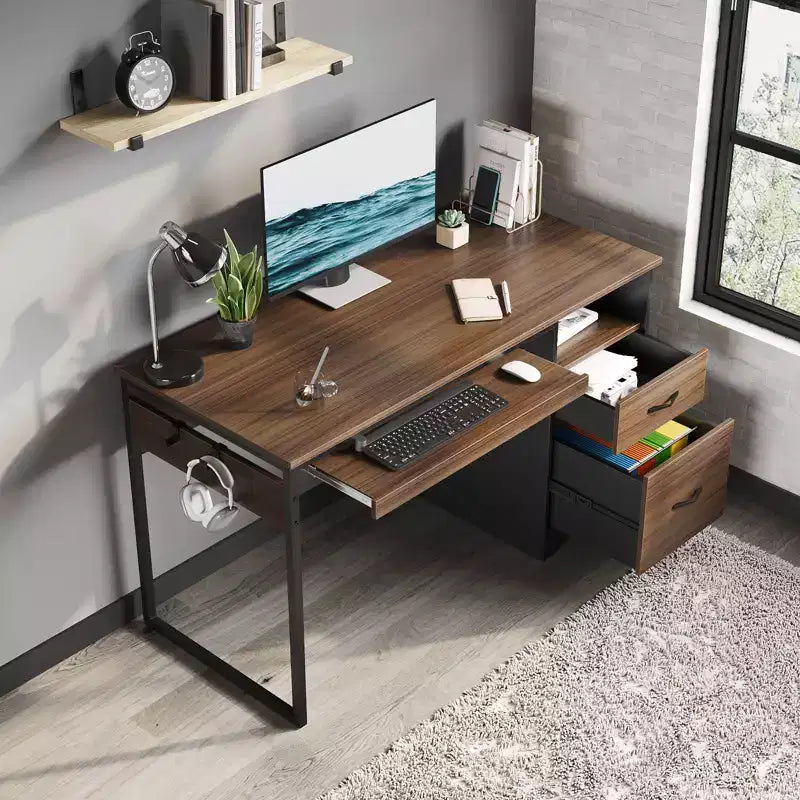 Bureau informatique de 122 cm avec tiroirs de classement et de rangement, tablette coulissante pour clavier et compartiments ouverts
