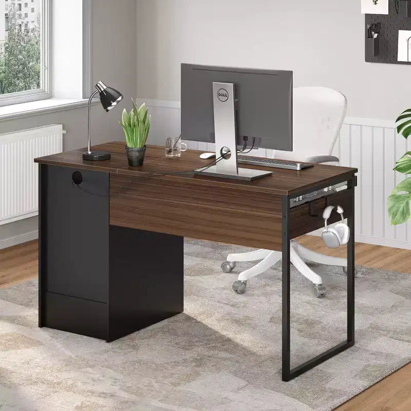 Bureau informatique de 122 cm avec tiroirs de classement et de rangement, tablette coulissante pour clavier et compartiments ouverts