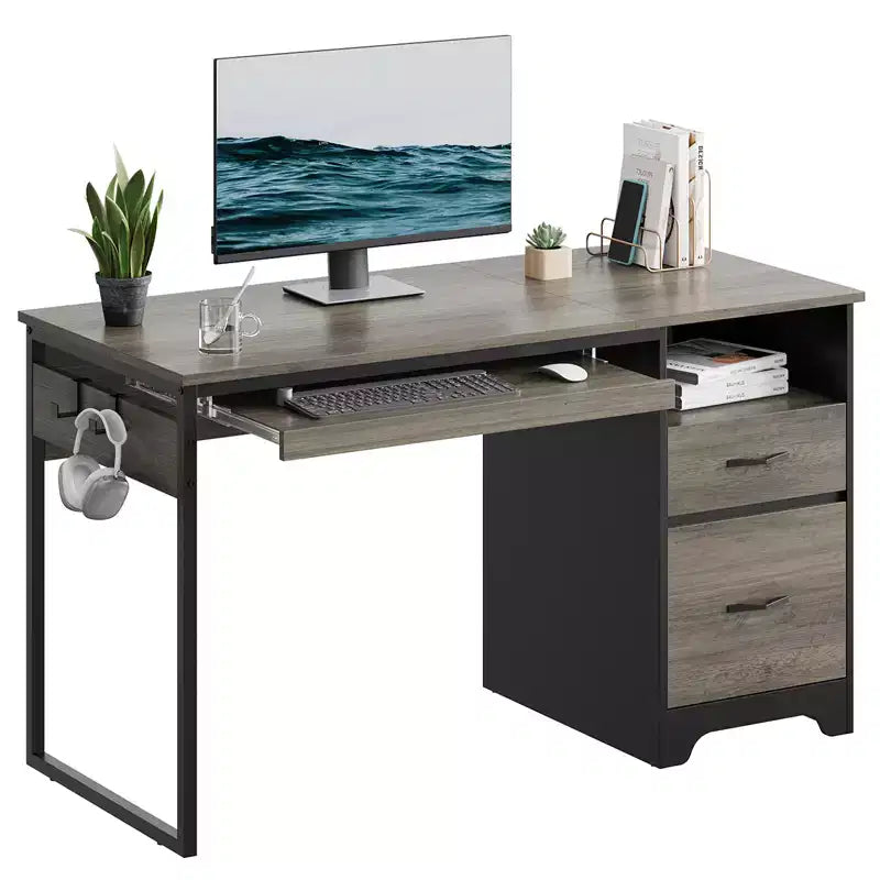 Bureau informatique de 122 cm avec tiroirs de classement et de rangement, tablette coulissante pour clavier et compartiments ouverts