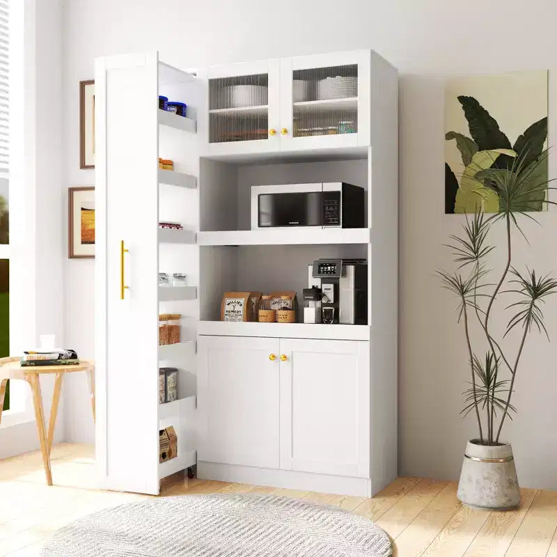 Meuble de rangement multifonctionnel 43W pour garde-manger de cuisine avec étagère coulissante à plusieurs niveaux et 4 portes, blanc