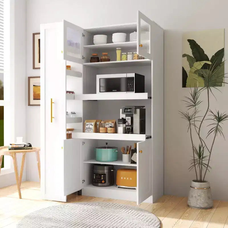 Meuble de rangement multifonctionnel 43W pour garde-manger de cuisine avec étagère coulissante à plusieurs niveaux et 4 portes, blanc