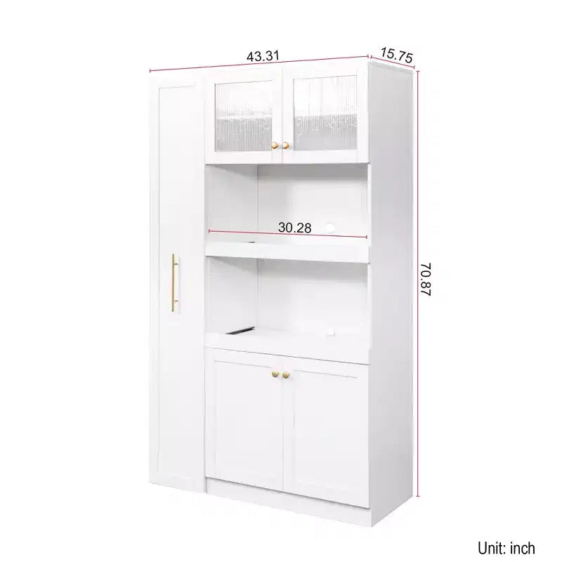 Meuble de rangement multifonctionnel 43W pour garde-manger de cuisine avec étagère coulissante à plusieurs niveaux et 4 portes, blanc