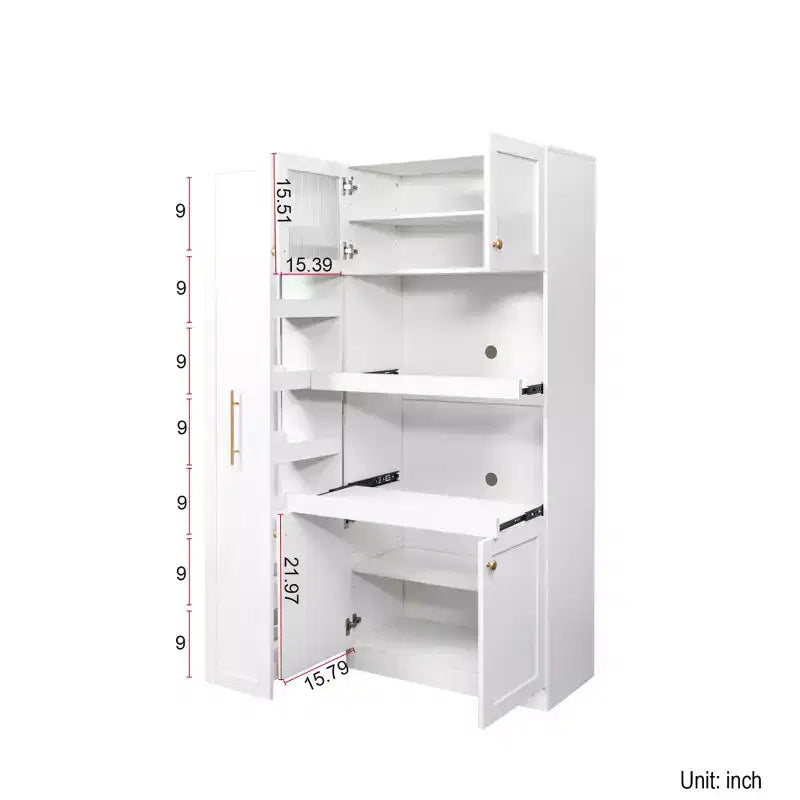 Meuble de rangement multifonctionnel 43W pour garde-manger de cuisine avec étagère coulissante à plusieurs niveaux et 4 portes, blanc