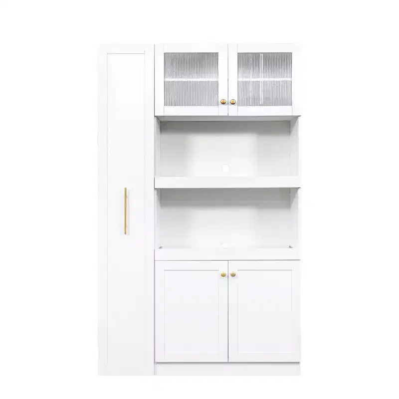 Meuble de rangement multifonctionnel 43W pour garde-manger de cuisine avec étagère coulissante à plusieurs niveaux et 4 portes, blanc