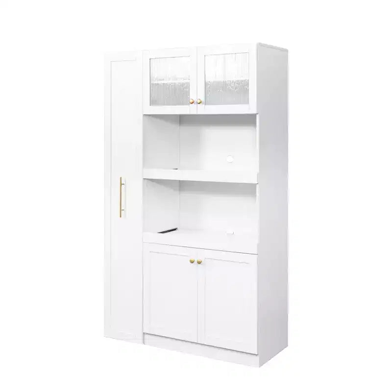 Meuble de rangement multifonctionnel 43W pour garde-manger de cuisine avec étagère coulissante à plusieurs niveaux et 4 portes, blanc