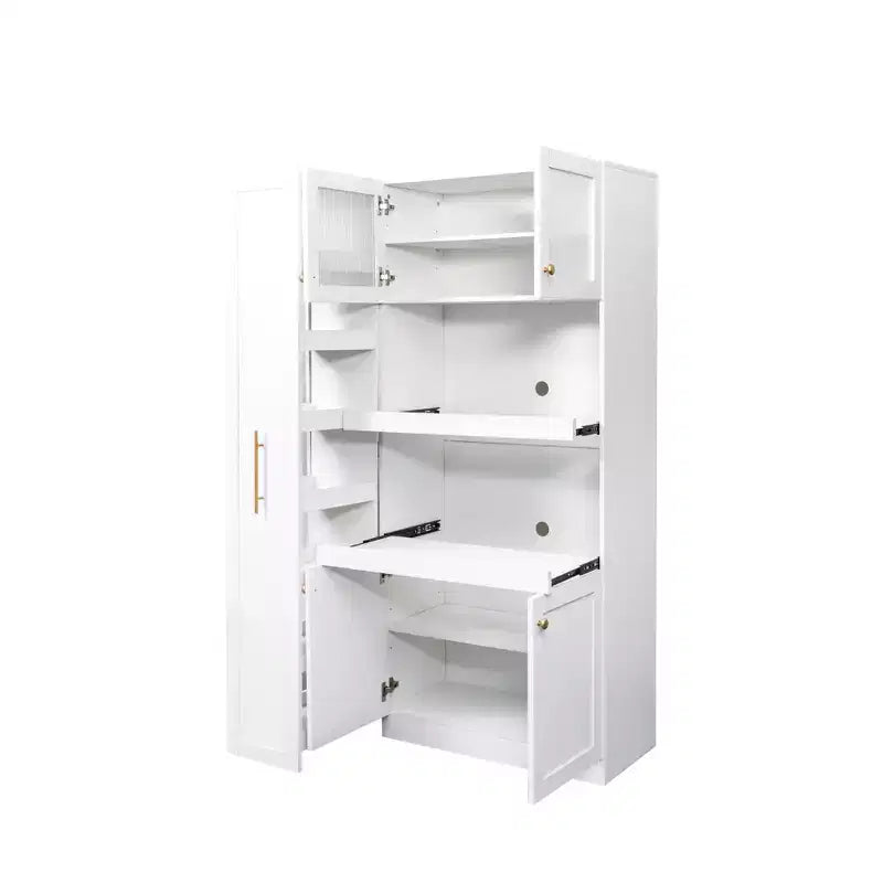 Meuble de rangement multifonctionnel 43W pour garde-manger de cuisine avec étagère coulissante à plusieurs niveaux et 4 portes, blanc