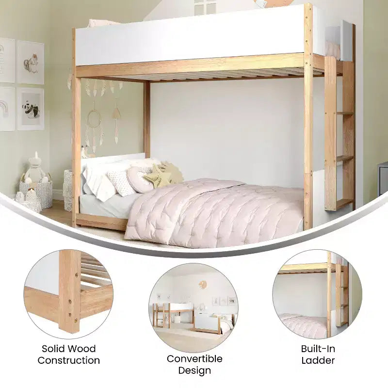Lit superposé pour enfants en bois massif transformable, deux lits jumeaux, avec échelle, sommier tapissier non requis