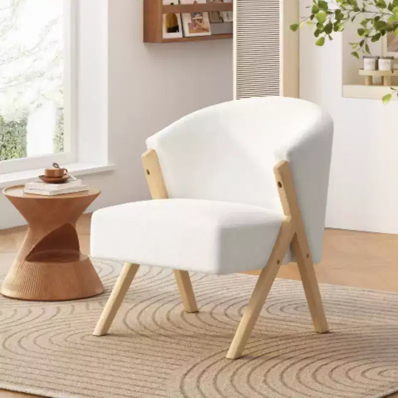 Fauteuil d'appoint moderne avec revêtement blanc et cadre en bois massif, chaise longue minimaliste