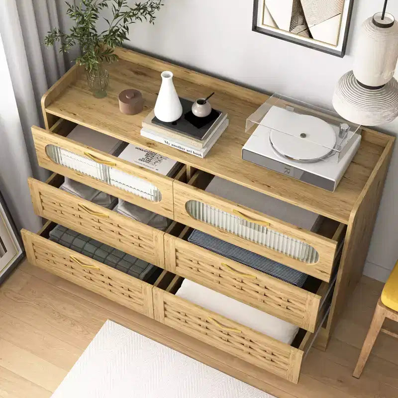 Commode horizontale en bois à six tiroirs avec poignées dorées 47,24 po L, style ferme