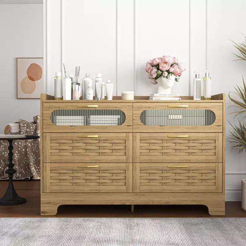 Commode horizontale en bois à six tiroirs avec poignées dorées 47,24 po L, style ferme