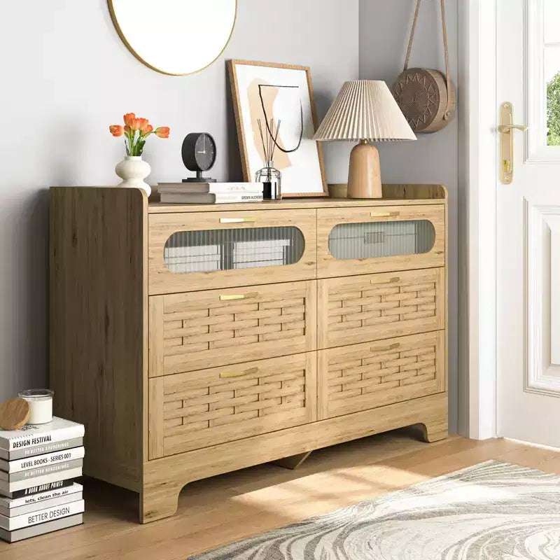 Commode horizontale en bois à six tiroirs avec poignées dorées 47,24 po L, style ferme
