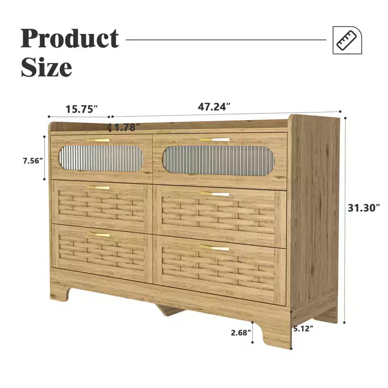 Commode horizontale en bois à six tiroirs avec poignées dorées 47,24 po L, style ferme